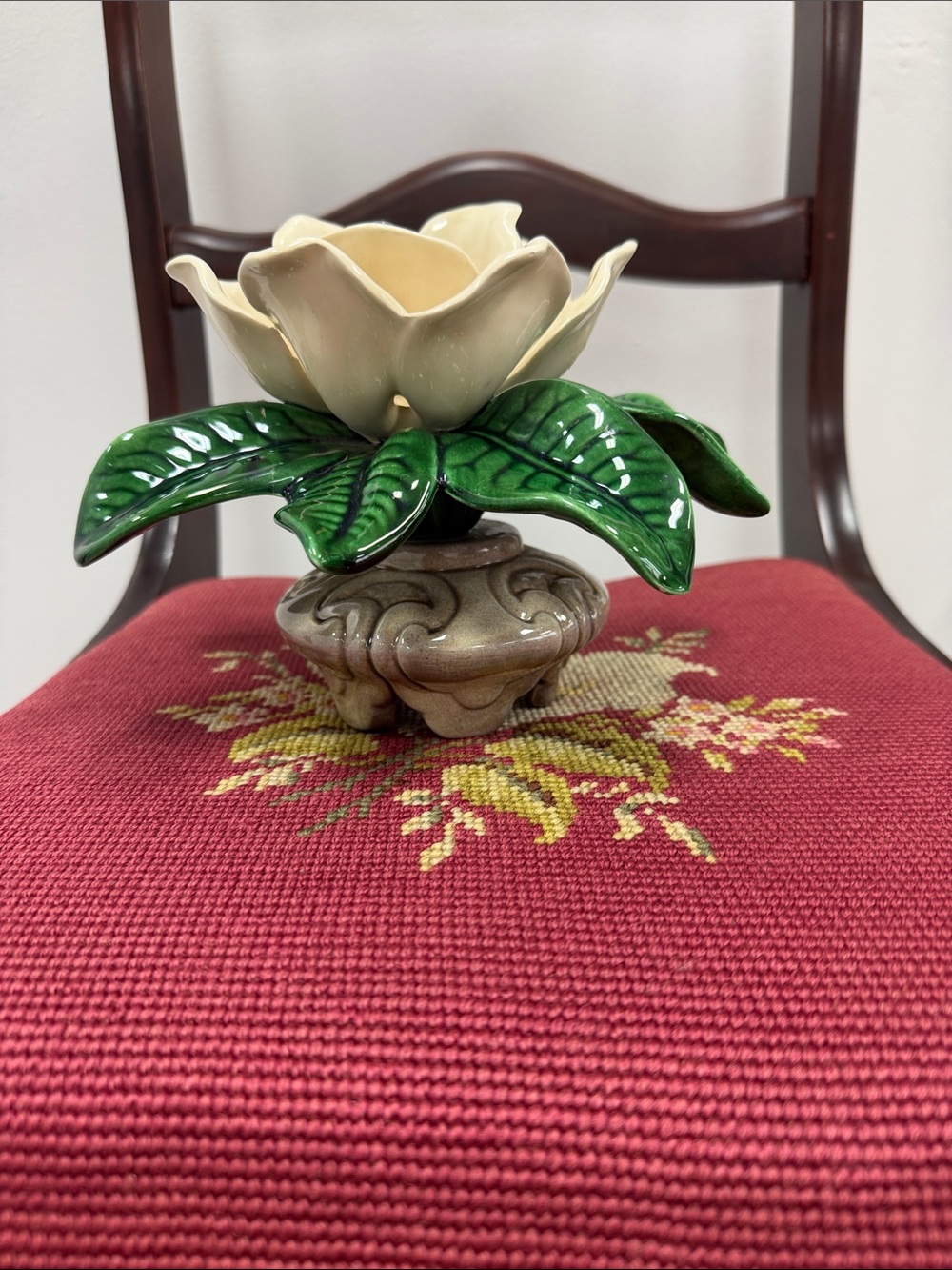 Ceramic Cream Flower with Green Leaves Decorative Accent